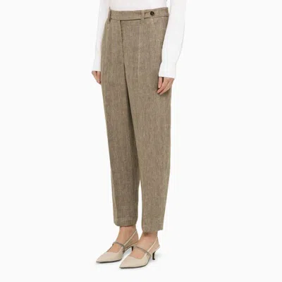 Shop Brunello Cucinelli Tobacco-coloured Linen Trousers For Women In Grey