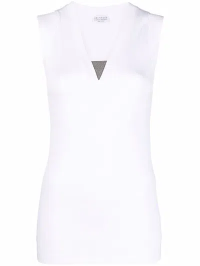 Shop Brunello Cucinelli White Cotton-blend V-neck Tank Top For Women