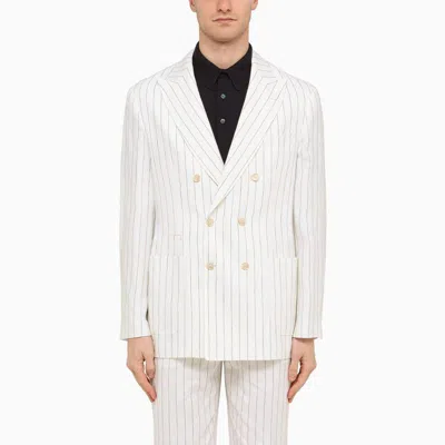 Shop Brunello Cucinelli White Linen Pinstripe Double-breasted Jacket For Men (ss24)