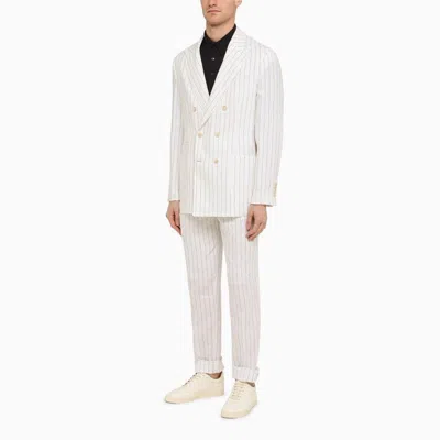 Shop Brunello Cucinelli White Linen Pinstripe Double-breasted Jacket For Men (ss24)