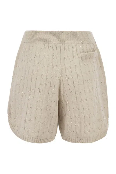 Shop Brunello Cucinelli Woven Cotton Shorts With Sequins For Women In Beige