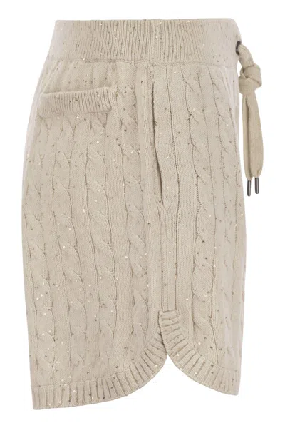 Shop Brunello Cucinelli Woven Cotton Shorts With Sequins For Women In Beige