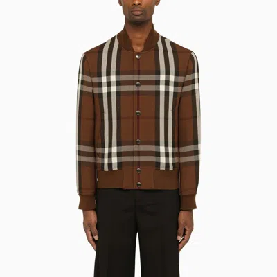Shop Burberry Dark Brown Check Wool Bomber Jacket In Multicolor