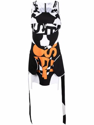 Shop Burberry Black And White Printed Sleeveless Dress With Orange Fringe Details In Multicolor