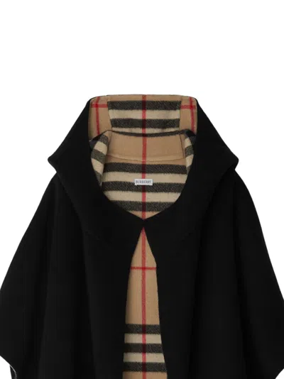 Shop Burberry Black Hooded Cashmere Cape For Women With Equestrian Knight Motif And Vintage Check-pattern Lining