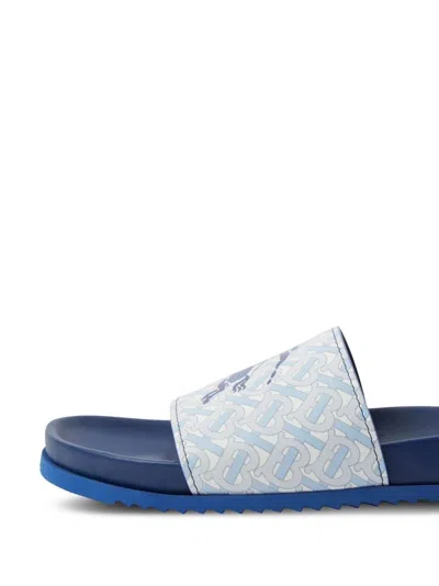 Shop Burberry Blue Calf Grain Leather Slip-on Sandals For Men