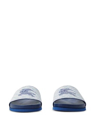 Shop Burberry Blue Calf Grain Leather Slip-on Sandals For Men