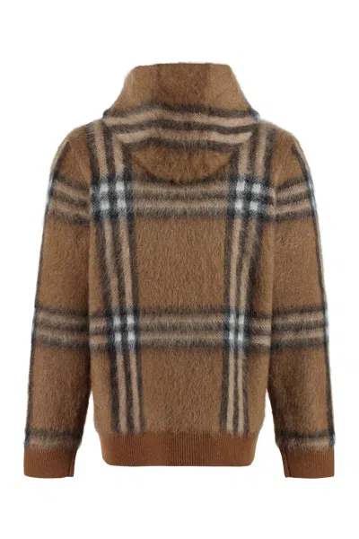Shop Burberry Brown Exaggerated Check Knit Hoodie For Men
