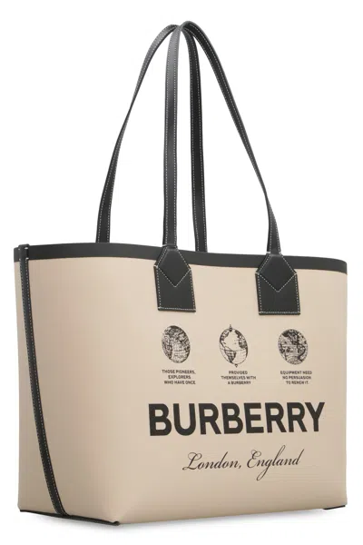 Shop Burberry Canvas Tote Bag With Leather Details And Check Lining In Beige