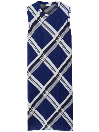 Shop Burberry Navy Blue Check Silk Dress With Ribbed Detailing For Women