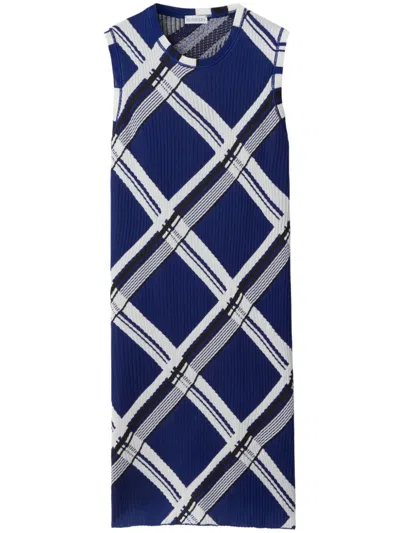 Shop Burberry Check Motif Silk Dress In Navy