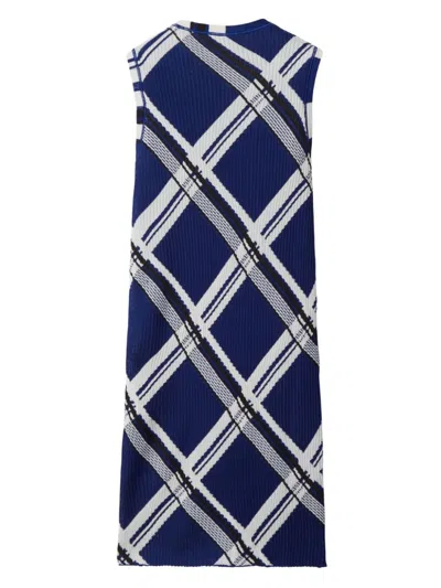 Shop Burberry Navy Blue Check Silk Dress With Ribbed Detailing For Women