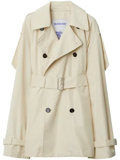 Shop Burberry Double-breasted Belted Jacket In Light Beige Silk For Women In White