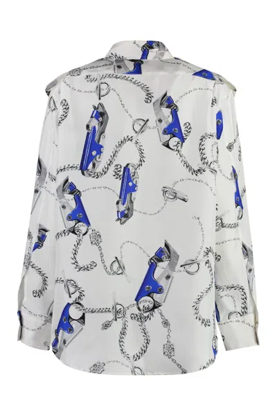 Shop Burberry White Printed Silk Shirt For Women, Ss24 Collection In Blue