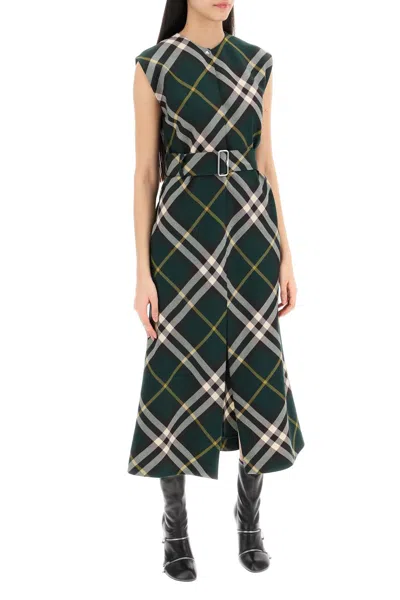 Shop Burberry Green Wool Midi Dress With Check Pattern And V-neck