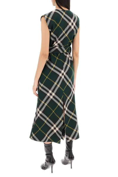 Shop Burberry Green Wool Midi Dress With Check Pattern And V-neck