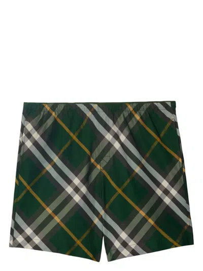 Shop Burberry Green Checkered Swim Shorts For Men