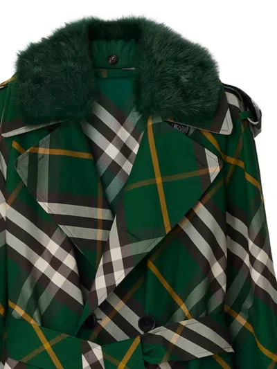 Shop Burberry Green Cotton Trench Jacket With Shearling Collar And Check Pattern For Women