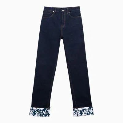 Shop Burberry Indigo Blue Denim Pants With Rose Print And Leather Detail For Women