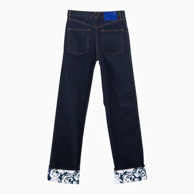 Shop Burberry Indigo Blue Denim Pants With Rose Print And Leather Detail For Women