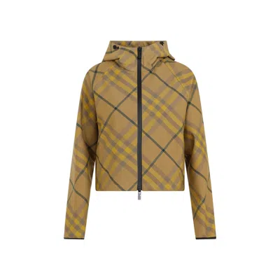 Shop Burberry Khaki Check Cropped Jacket For Women In Tan
