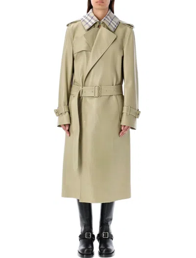 Shop Burberry Green Leather Trench Coat For Women