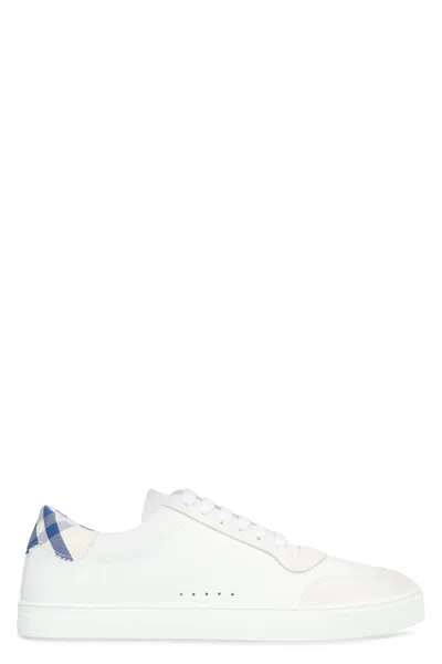 Shop Burberry Men's White Leather Sneakers With Contrasting Heel Insert And Suede Accents
