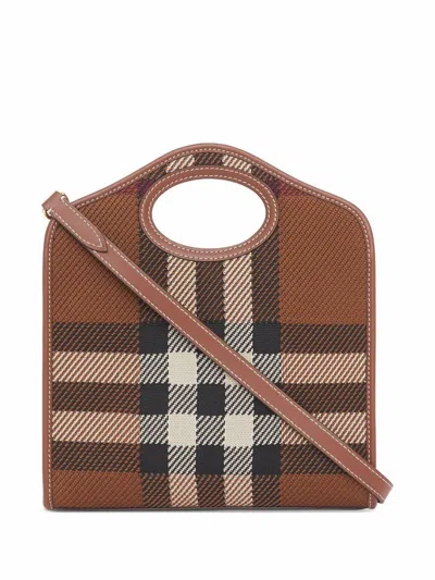 Shop Burberry Mini Check Pocket Handbag In Brown