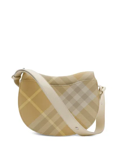 Shop Burberry Tan Checkered Wool Blend Shoulder Bag With Adjustable Strap And B-shaped Closure In Beige