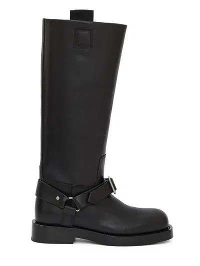 Shop Burberry Saddle High Boots In Black Leather With Silver-tone Buckle Detailing