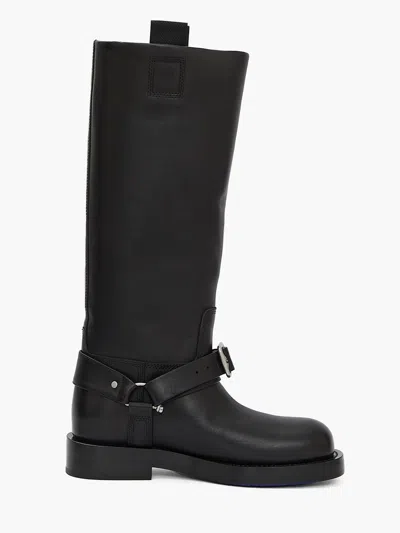 Shop Burberry Saddle High Boots In Black Leather With Silver-tone Buckle Detailing