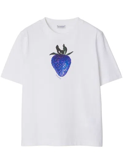 Shop Burberry Women's Strawberry Print Cotton T-shirt In White