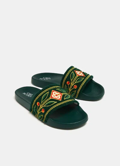 Shop Casablanca Embroidered Terry Sliders For Men In Green
