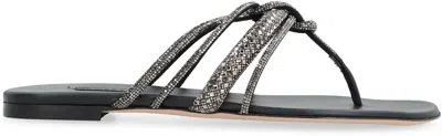 Shop Casadei Feminine Black Leather Flat Sandals With Elegant Rhinestone Detail