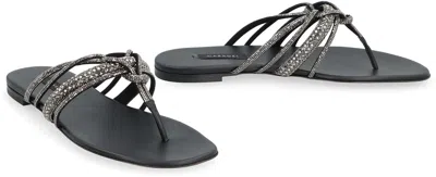 Shop Casadei Feminine Black Leather Flat Sandals With Elegant Rhinestone Detail