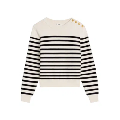 Shop Celine Ivory And Black Striped Long-sleeved Sweater With Gold-tone Buttons In White