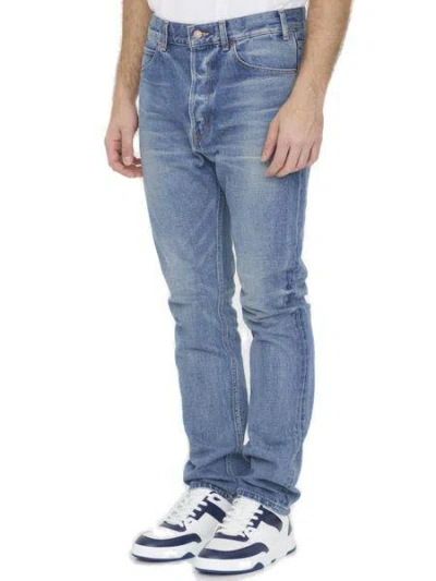 Shop Celine Men's Low-rise Blue Denim Jeans With Vintage Wash
