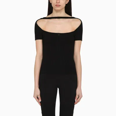 Shop Courrèges Black Viscose Blend T-shirt With Plunging Neckline