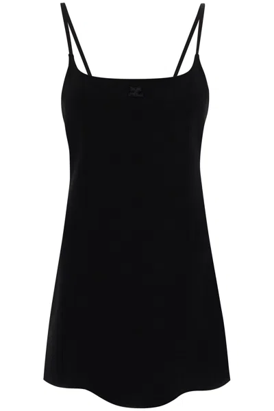 Shop Courrèges Black Mini Dress With Embroidered Logo And Adjustable Straps For Women