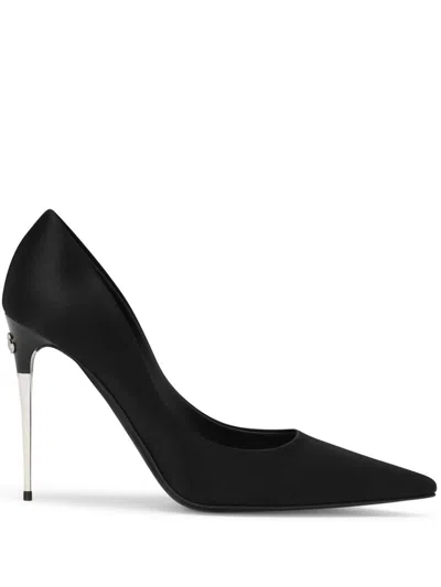 Shop Dolce & Gabbana Black Satin Pointed Toe Pumps For Women With Silver-tone Logo Detail
