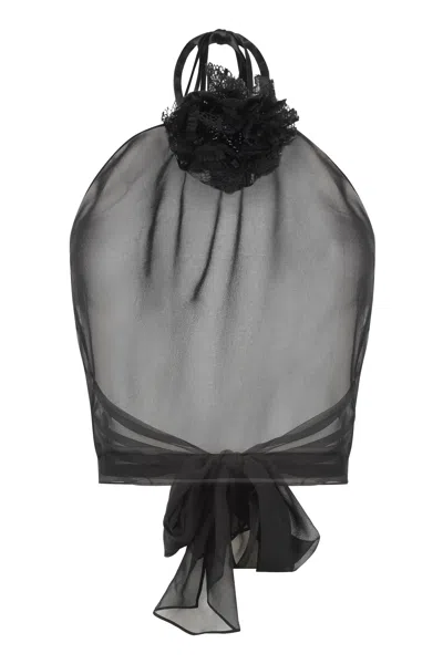 Shop Dolce & Gabbana Black Sheer Silk Chiffon Top With Flower On Neck