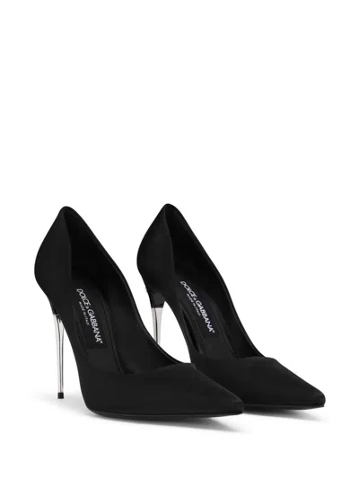 Shop Dolce & Gabbana Black Satin Pointed Toe Pumps For Women With Silver-tone Logo Detail
