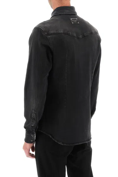 Shop Dolce & Gabbana Distressed Stretch Denim Western Shirt For Men In Black