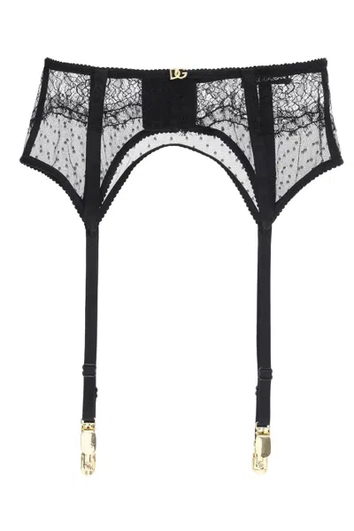 Shop Dolce & Gabbana Elegant Lace Garter Belt With Gold Dg Logo In Black