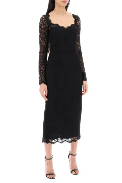 Shop Dolce & Gabbana Floral Chantilly Lace Midi Dress With Long Sleeves For Women In Black