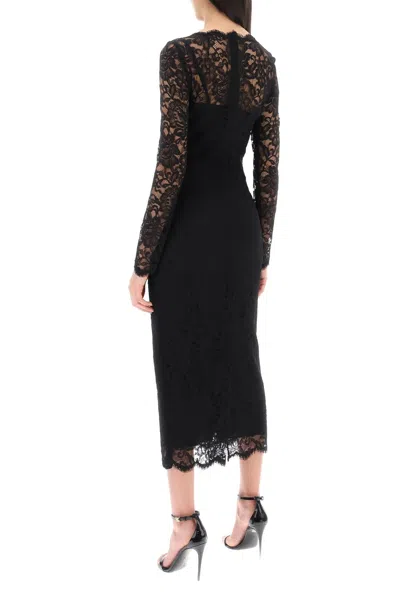 Shop Dolce & Gabbana Floral Chantilly Lace Midi Dress With Long Sleeves For Women In Black