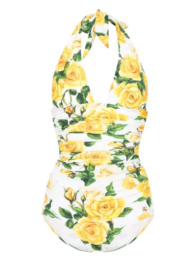 Shop Dolce & Gabbana Floral Print Halterneck Swimsuit For Women In White