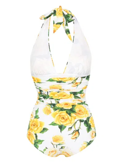 Shop Dolce & Gabbana Floral Print Women's Swimsuit With Halterneck Tie And Low Back In White