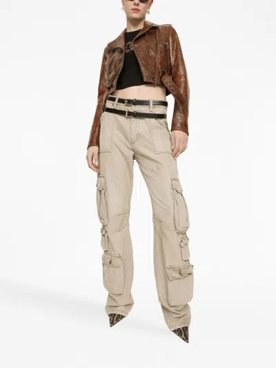 Shop Dolce & Gabbana Lived-in Denim Cargo Jeans In Beige For Women