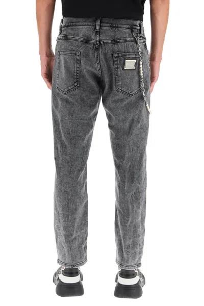 Shop Dolce & Gabbana Loose-fit Gray Jeans With Pearl-embellished Keychain